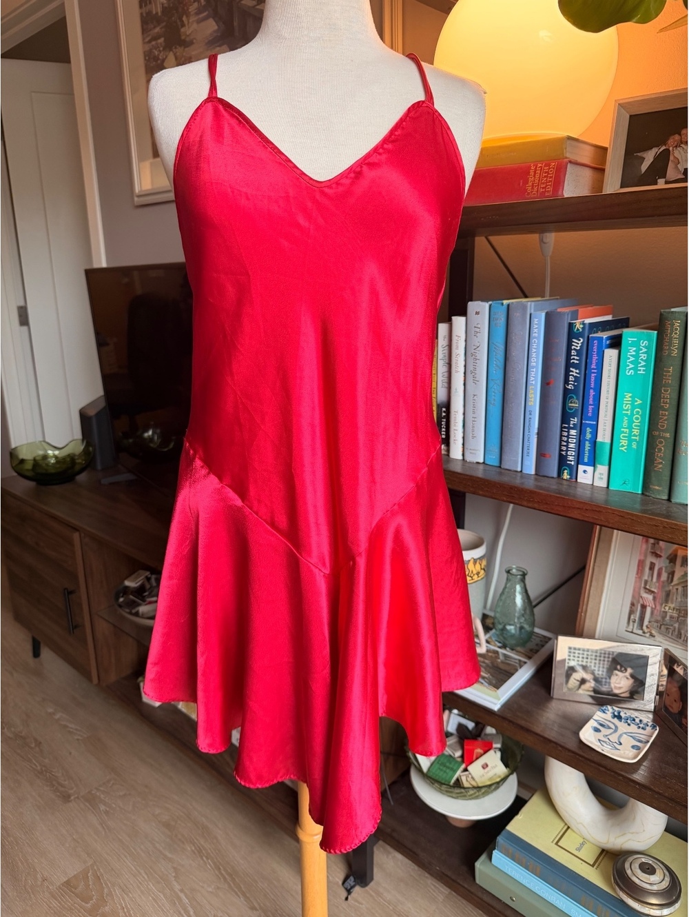 Vintage 80s/90s Cinema Etoile Red Satin Slip Dress Drop Waist Flared Hem Size M - Picture 2 of 4
